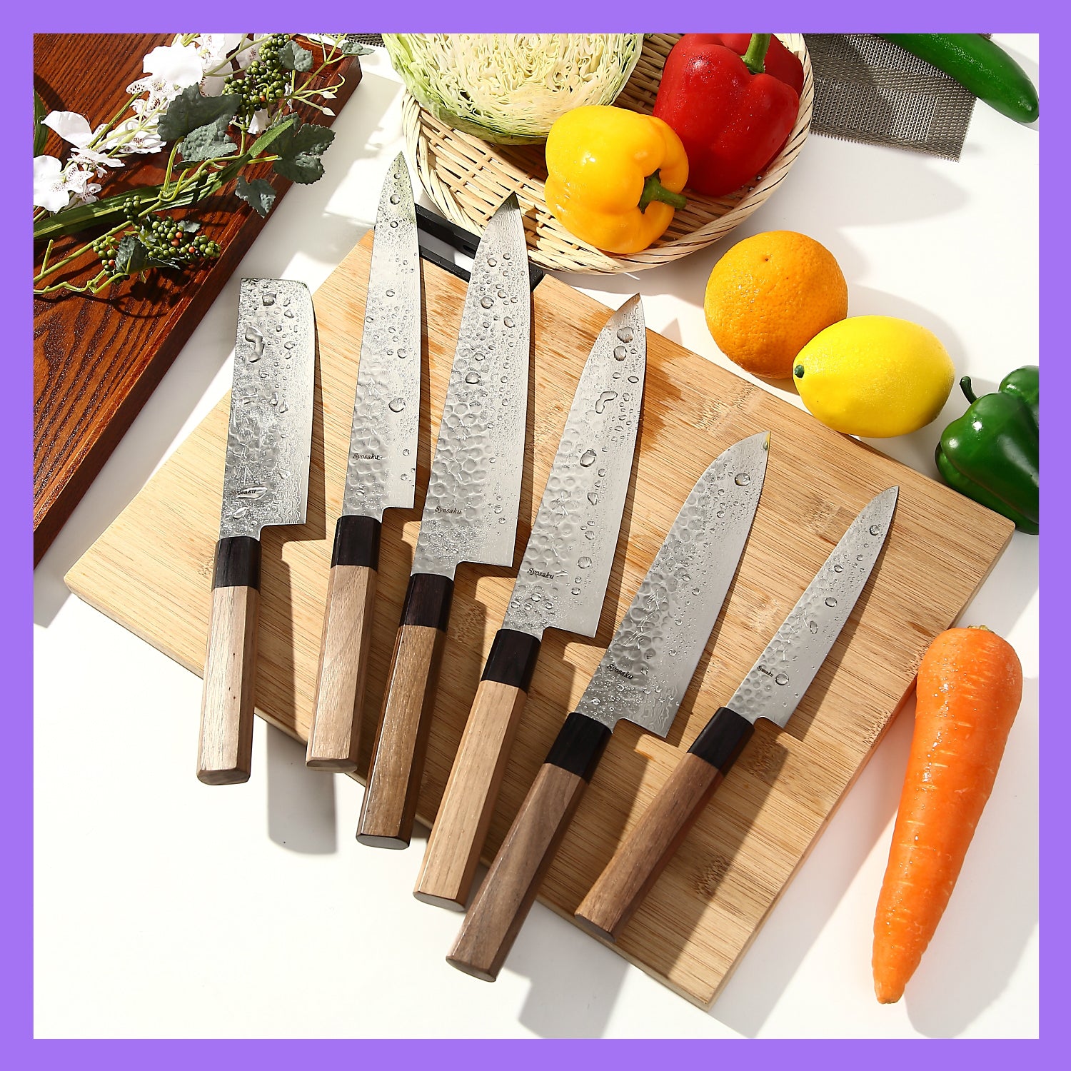Syosaku Japanese Chef Knife Hammered Damascus VG-10 46 Layer Octagonal Walnut Handle, Gyuto 8.3-inch (210mm)