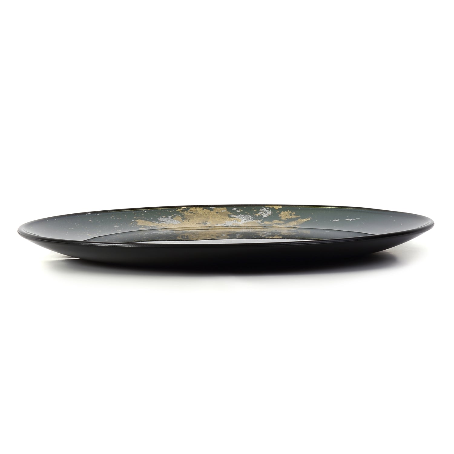 Syosaku Japanese Urushi Glass Flat Dinner Plate 11-inch (28cm) Majestic Green with Gold Leaf, Dishwasher Safe