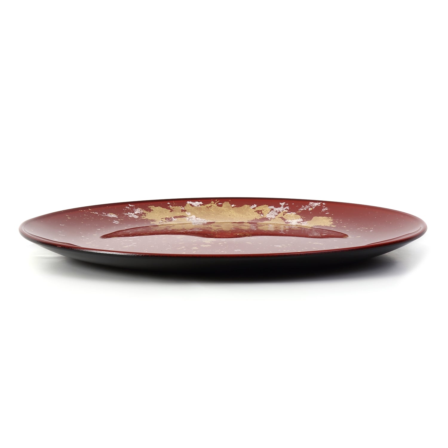 Syosaku Japanese Urushi Glass Flat Dinner Plate 11-inch (28cm) Vermilion with Gold Leaf, Dishwasher Safe