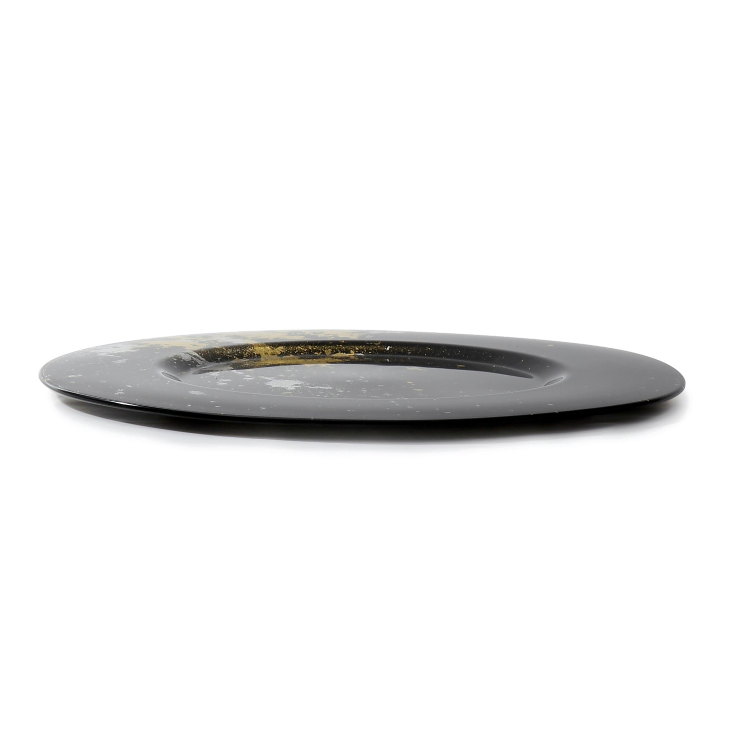 Syosaku Japanese Urushi Glass Charger Plate 13.9-inch (35cm) Jet Black with Gold Leaf, Dishwasher Safe