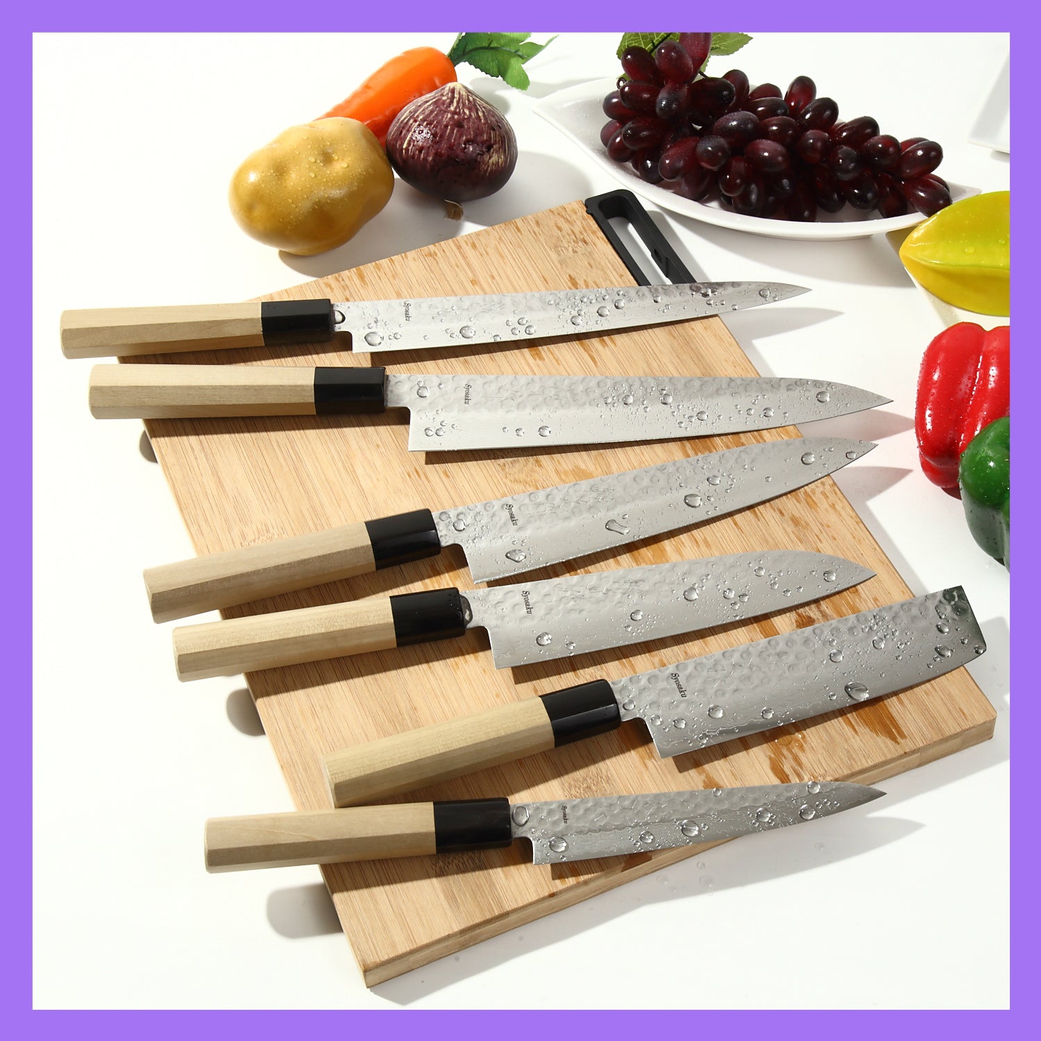 Syosaku Japanese Chef Knife Hammered Damascus VG-10 46 Layer Octagonal Magnolia Wood Handle, Gyuto 8.3-inch (210mm)