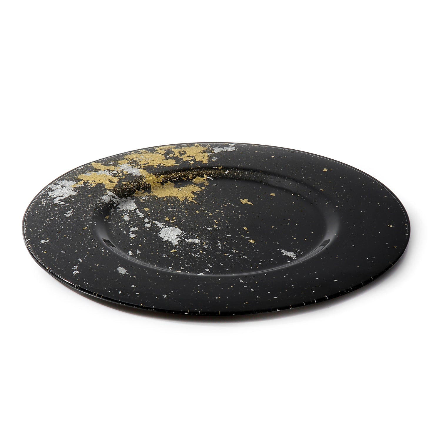 Syosaku Japanese Urushi Glass Charger Plate 13.9-inch (35cm) Jet Black with Gold Leaf, Dishwasher Safe