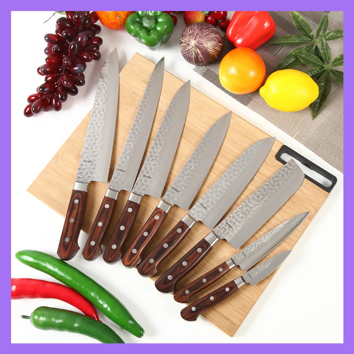 Syosaku Japanese Chef Knife Hammered Damascus VG-10 16 Layer Mahogany Handle, Gyuto 7-inch (180mm) with Magnolia Wood Sheath Saya Cover