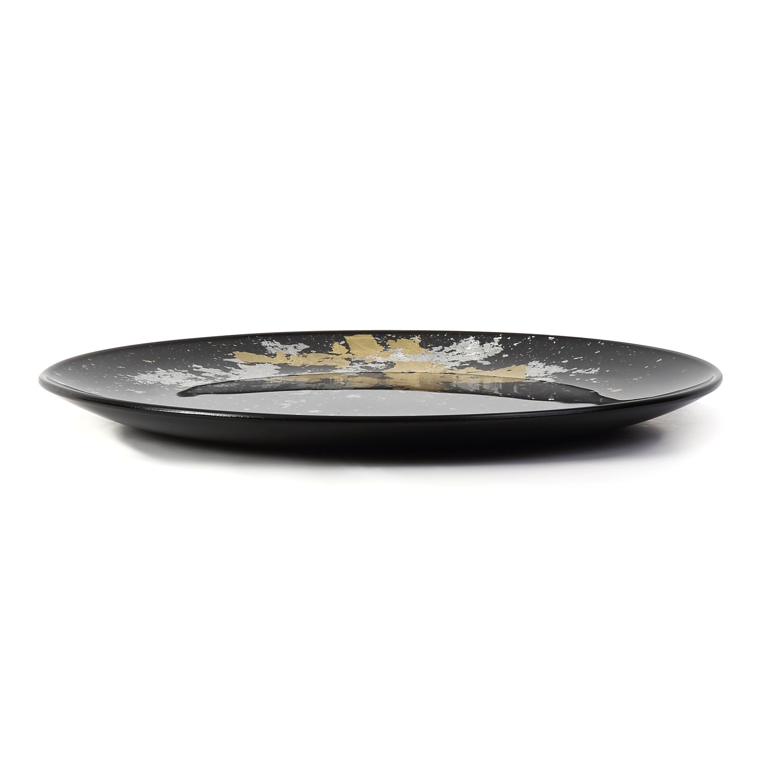 Syosaku Japanese Urushi Glass Flat Dinner Plate 11-inch (28cm) Jet Black with Gold Leaf, Dishwasher Safe