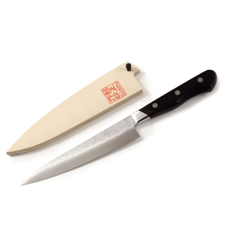 Syosaku Japanese Petty Knife Aoko (Blue Steel) No.2 Black Pakkawood Handle, 5.3-inch (135mm) with Magnolia Wood Sheath Saya Cover - Syosaku-Japan