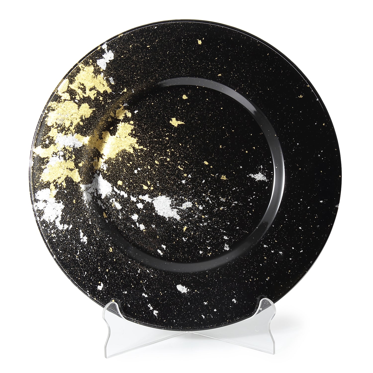 Syosaku Japanese Urushi Glass Charger Plate 13.9-inch (35cm) Jet Black with Gold Leaf, Dishwasher Safe