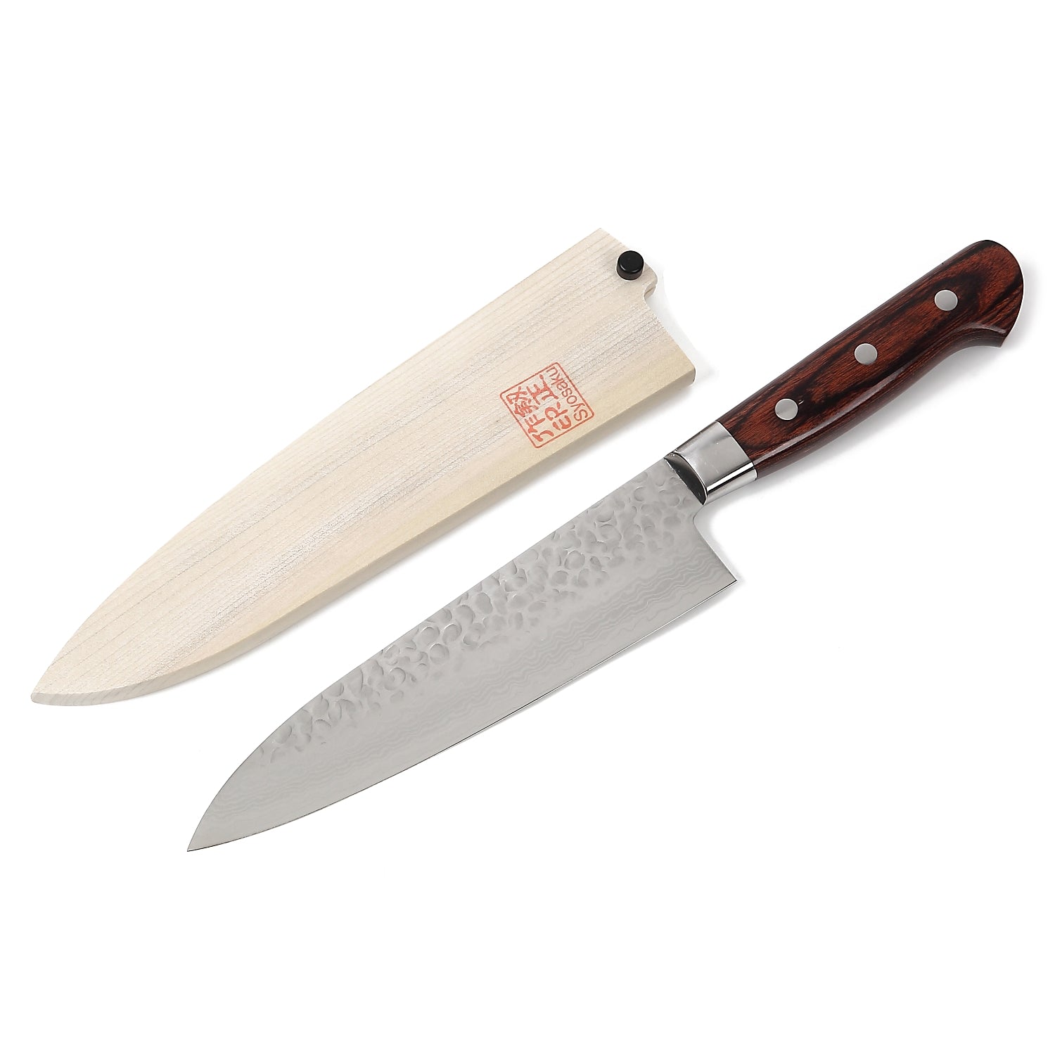 Syosaku Japanese Chef Knife Hammered Damascus VG-10 16 Layer Mahogany Handle, Gyuto 7-inch (180mm) with Magnolia Wood Sheath Saya Cover - Syosaku-Japan
