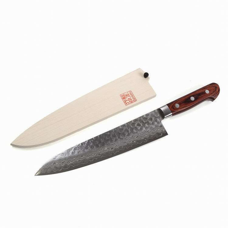 Syosaku Japanese Chef Knife Hammered Damascus VG-10 16 Layer Mahogany Handle, Gyuto 9.5-inch (240mm) with Magnolia Wood Sheath Saya Cover - Syosaku-Japan