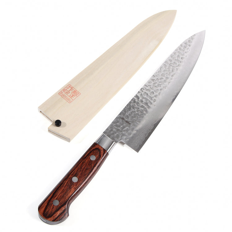 Syosaku Japanese Chef Knife Hammered Damascus VG-10 16 Layer Mahogany Handle, Gyuto 8.3-inch (210mm) with Magnolia Wood Sheath Saya Cover - Syosaku-Japan