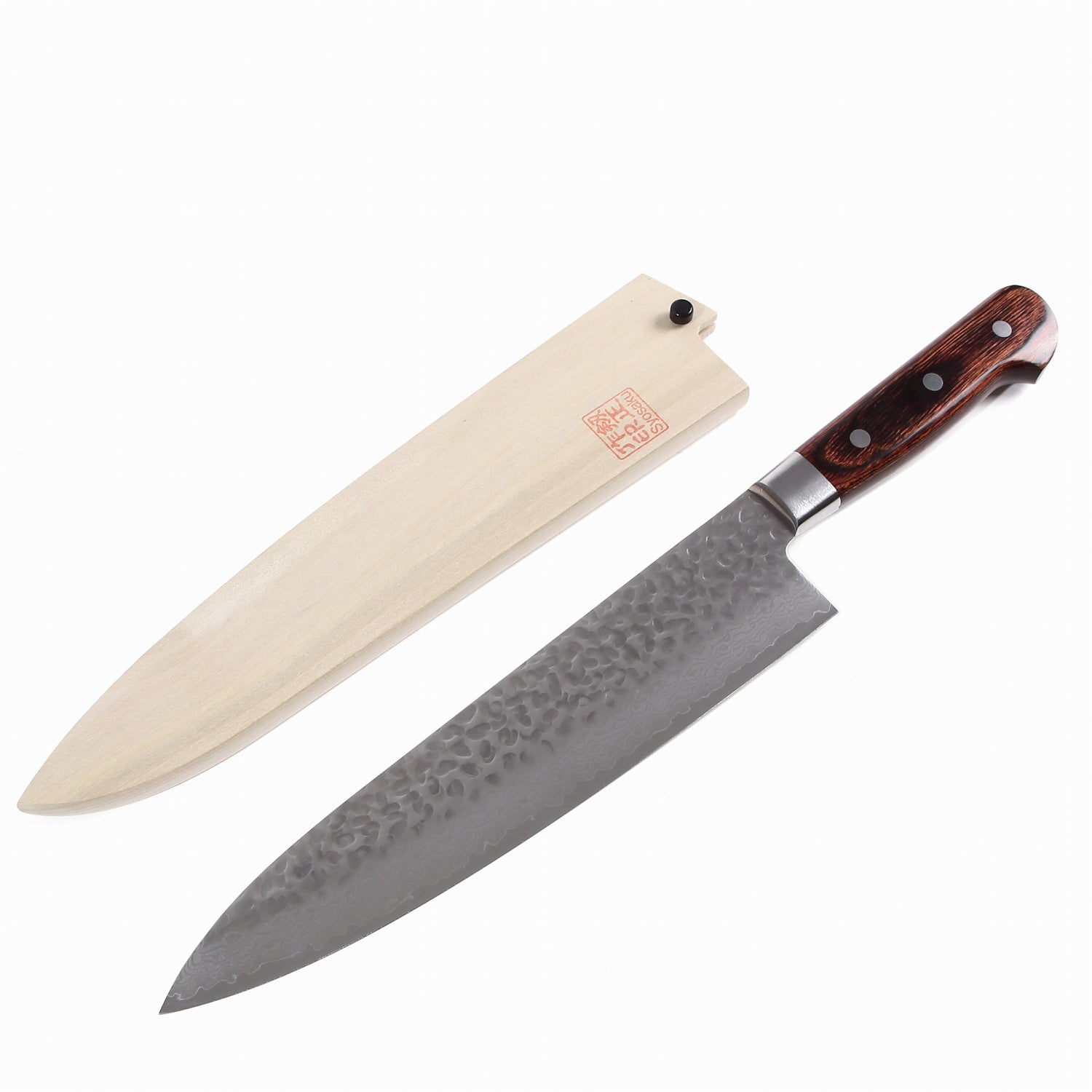 Syosaku Japanese Chef Knife Hammered Damascus VG-10 16 Layer Mahogany Handle, Gyuto 9.5-inch (240mm) with Magnolia Wood Sheath Saya Cover - Syosaku-Japan