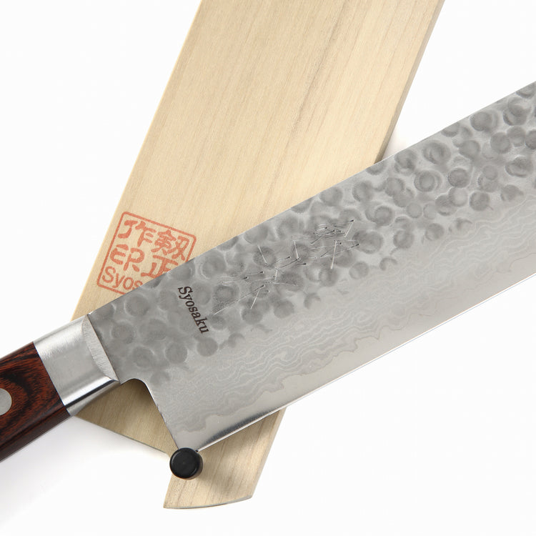 Syosaku Japanese Vegetable Knife Hammered Damascus VG-10 16 Layer Mahogany Handle, Nakiri 6.3-inch (160mm) with Magnolia Wood Sheath Saya Cover - Syosaku-Japan
