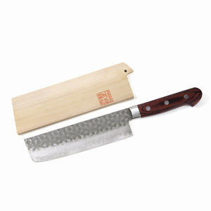 Syosaku Japanese Vegetable Knife Hammered Damascus VG-10 16 Layer Mahogany Handle, Nakiri 6.3-inch (160mm) with Magnolia Wood Sheath Saya Cover - Syosaku-Japan