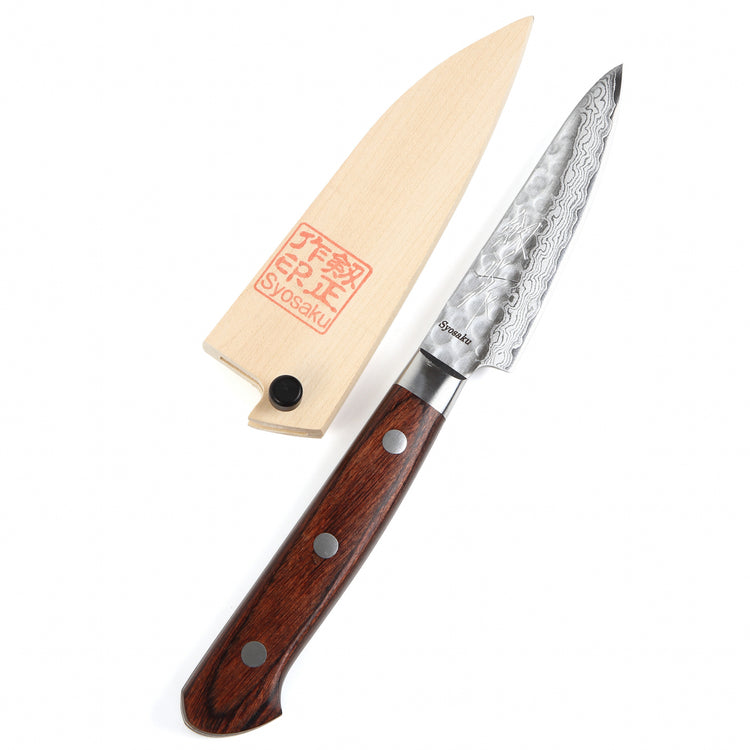Syosaku Japanese Paring Knife Damascus VG-10 16 Layer Mahogany Handle, 3-inch (80mm) with Magnolia Wood Sheath Saya Cover - Syosaku-Japan