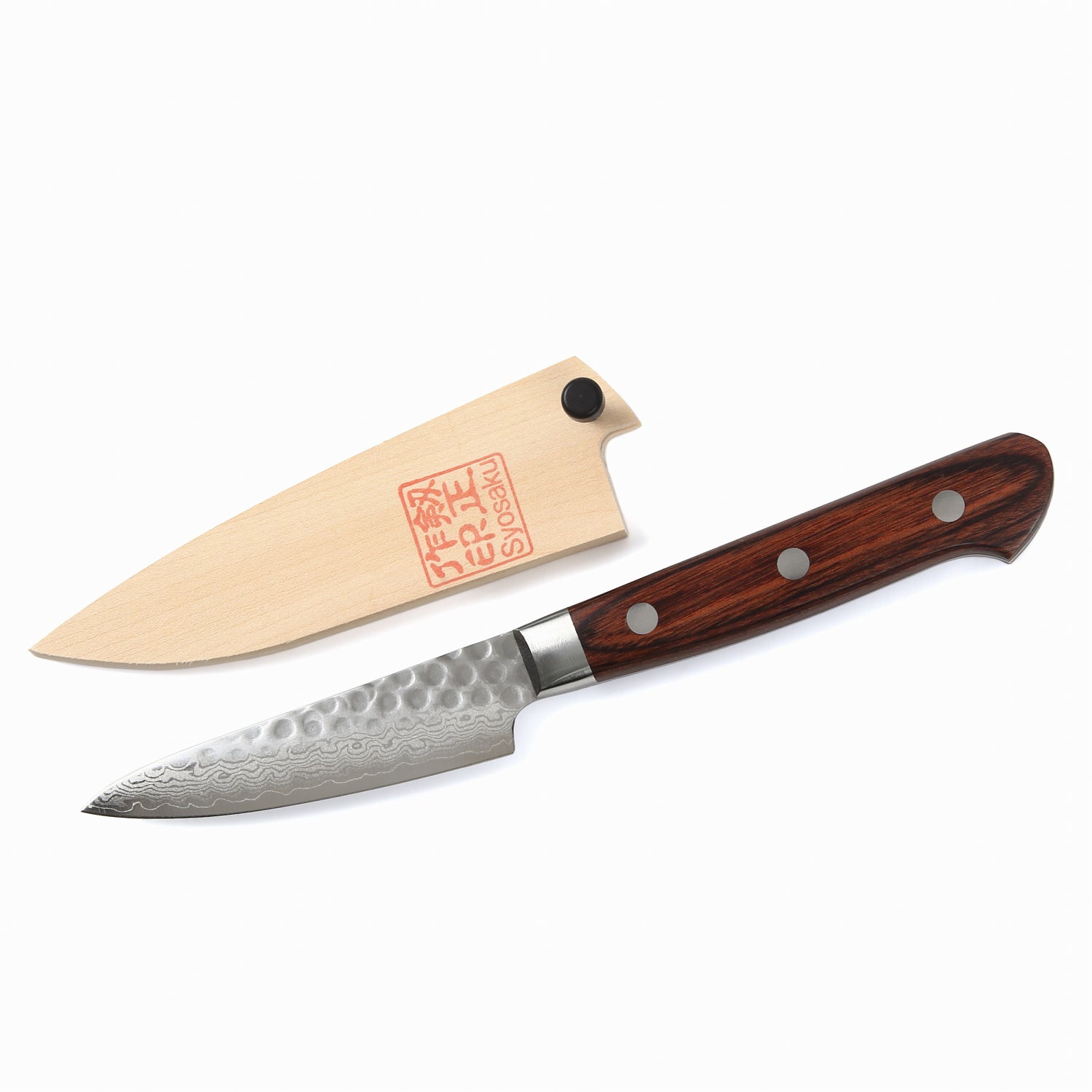 Syosaku Japanese Paring Knife Damascus VG-10 16 Layer Mahogany Handle, 3-inch (80mm) with Magnolia Wood Sheath Saya Cover - Syosaku-Japan