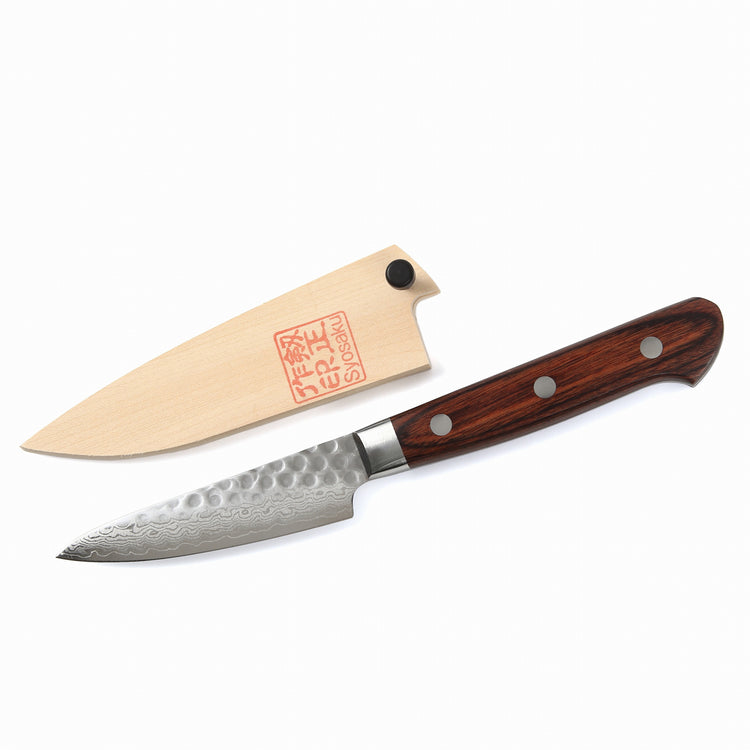 Syosaku Japanese Paring Knife Damascus VG-10 16 Layer Mahogany Handle, 3-inch (80mm) with Magnolia Wood Sheath Saya Cover - Syosaku-Japan
