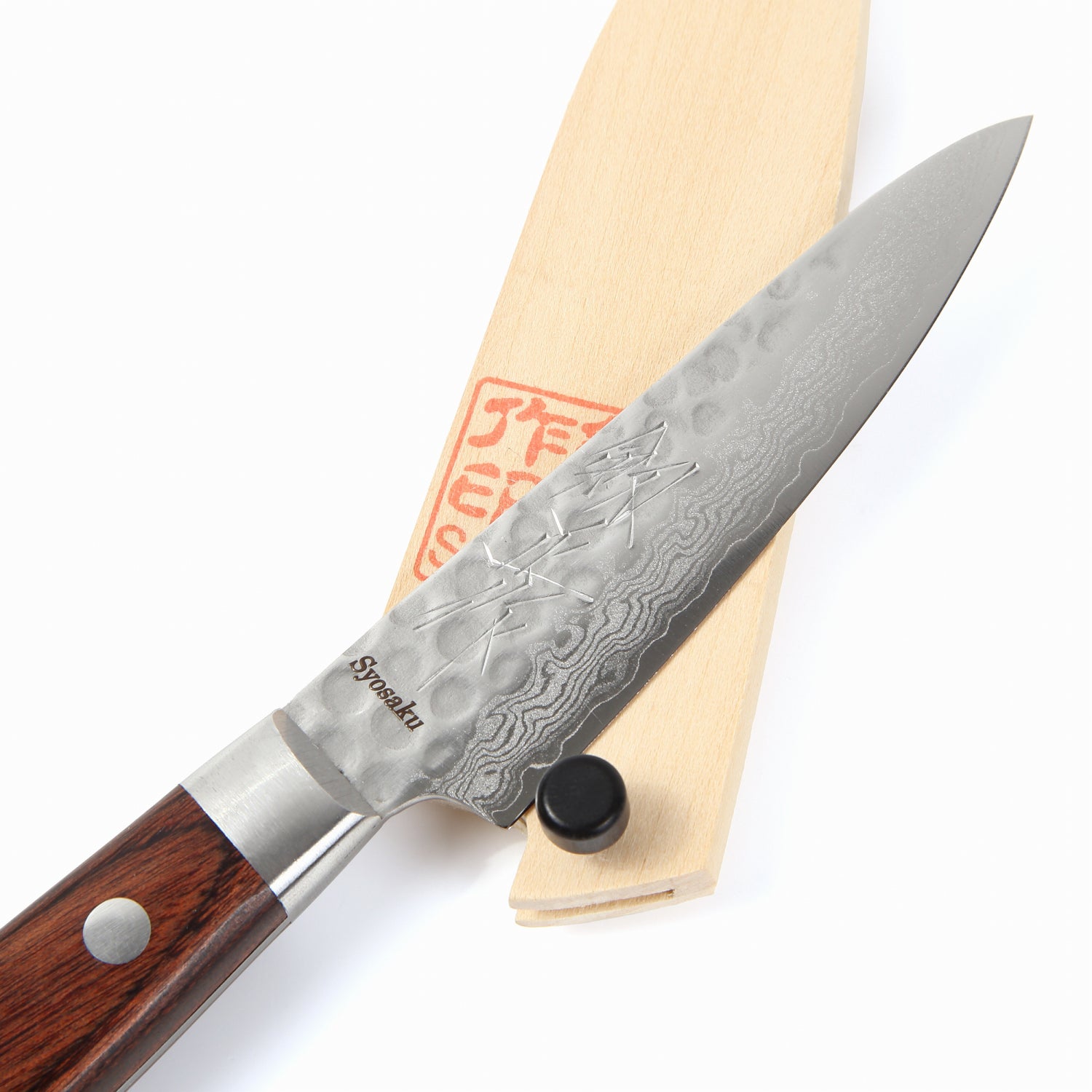 Syosaku Japanese Paring Knife Damascus VG-10 16 Layer Mahogany Handle, 3-inch (80mm) with Magnolia Wood Sheath Saya Cover - Syosaku-Japan