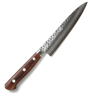 Syosaku Japanese Petty Knife Hammered Damascus VG-10 16 Layer Mahogany Handle, 5.3-inch (135mm) - Syosaku-Japan