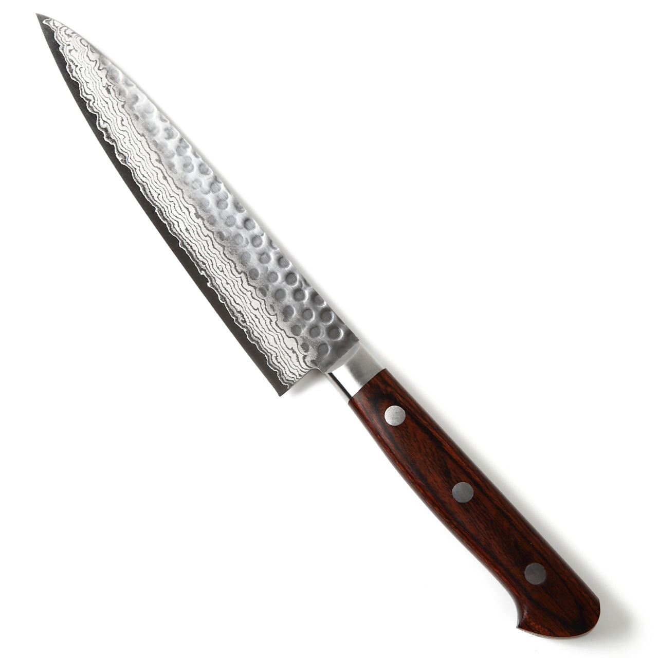 Syosaku Japanese Petty Knife Hammered Damascus VG-10 16 Layer Mahogany Handle, 5.3-inch (135mm) - Syosaku-Japan