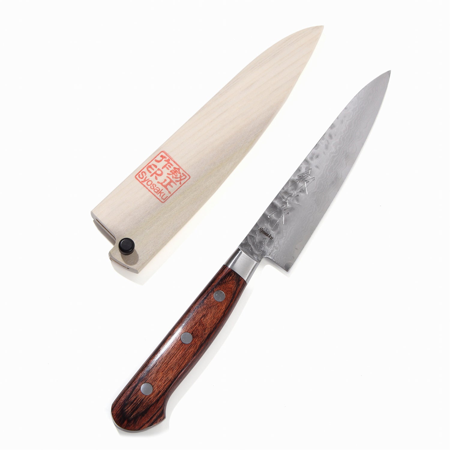 Syosaku Japanese Petty Knife Hammered Damascus VG-10 16 Layer Mahogany Handle, 5.3-inch (135mm) with Magnolia Wood Sheath Saya Cover - Syosaku-Japan