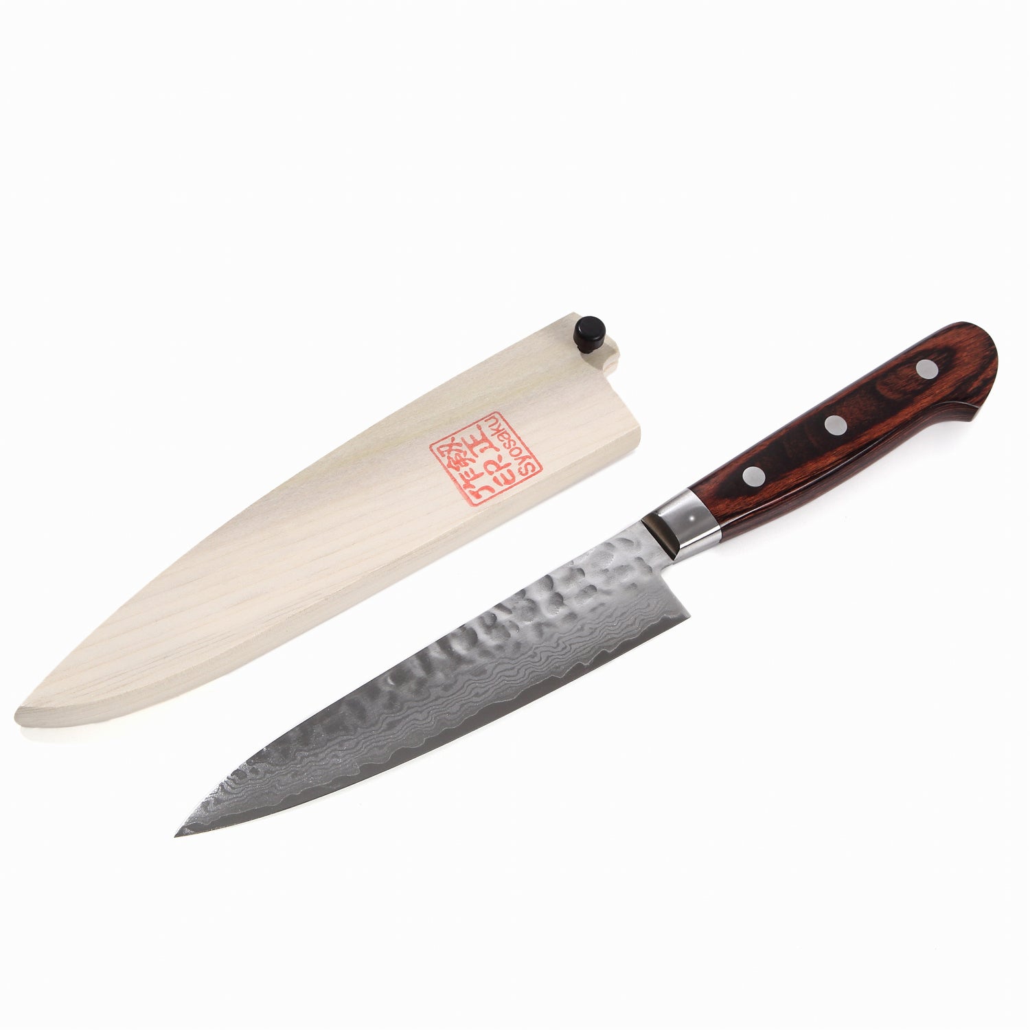 Syosaku Japanese Petty Knife Hammered Damascus VG-10 16 Layer Mahogany Handle, 5.3-inch (135mm) with Magnolia Wood Sheath Saya Cover - Syosaku-Japan