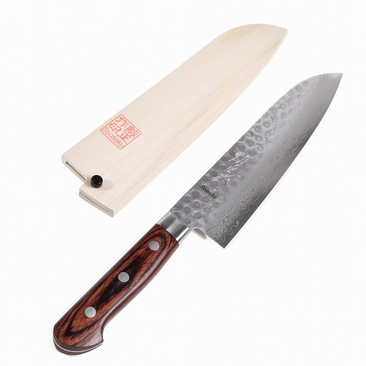Syosaku Japanese Multi-Purpose Knife Hammered Damascus VG-10 16 Layer Mahogany Handle, Santoku 7-inch (180mm) with Magnolia Wood Sheath Saya Cover - Syosaku-Japan