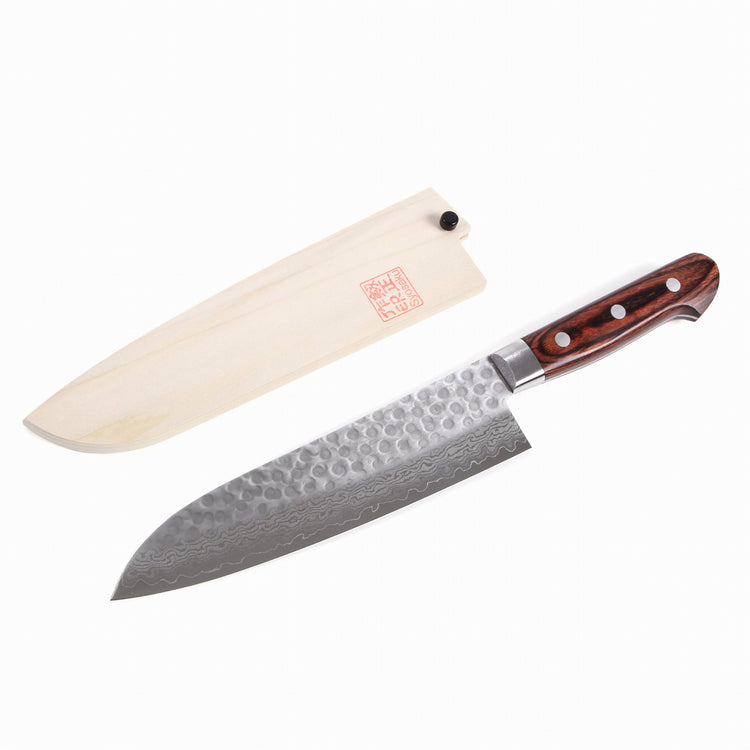 Syosaku Japanese Multi-Purpose Knife Hammered Damascus VG-10 16 Layer Mahogany Handle, Santoku 7-inch (180mm) with Magnolia Wood Sheath Saya Cover - Syosaku-Japan