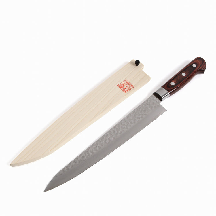 Syosaku Japanese Sujihiki Knife Hammered Damascus VG-10 16 Layer Mahogany Handle, Slicer 9.5-inch (240mm) with Magnolia Wood Sheath Saya Cover - Syosaku-Japan