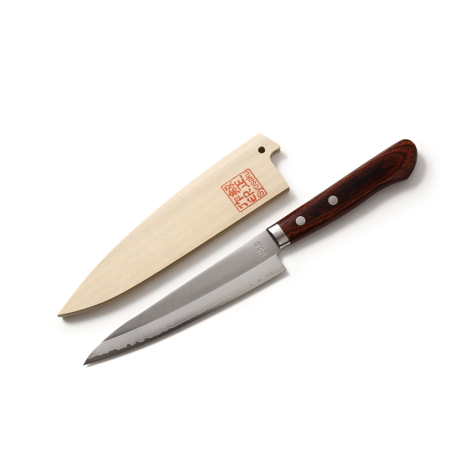 Syosaku Japanese Petty Knife VG-1 Gold Stainless Steel Mahogany Handle, 5.3-inch (135mm) with Magnolia Wood Sheath Saya Cover - Syosaku-Japan