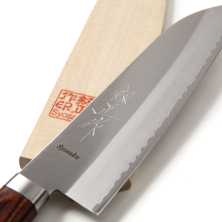Syosaku Japanese Multi-Purpose Chef Knife VG-1 Gold Stainless Steel Mahogany Handle, Santoku 6.5-inch (165mm) with Magnoila Wood Sheath Saya Cover - Syosaku-Japan