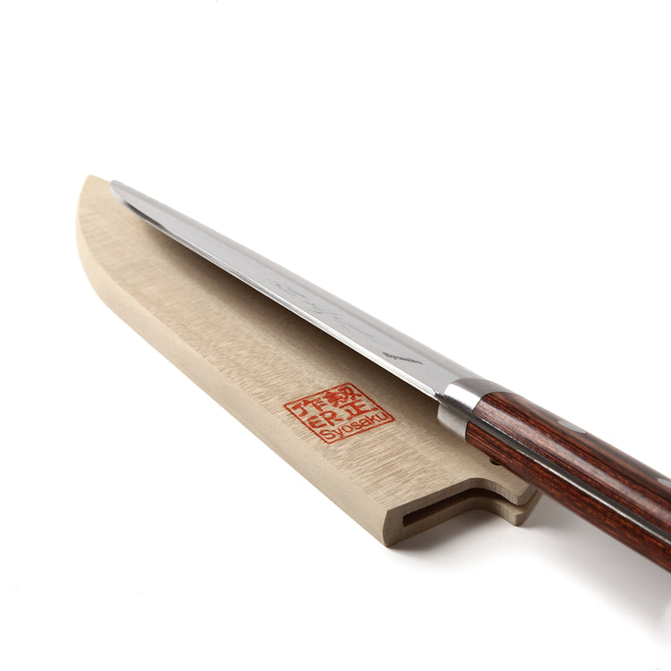 Syosaku Japanese Multi-Purpose Chef Knife VG-1 Gold Stainless Steel Mahogany Handle, Santoku 6.5-inch (165mm) with Magnoila Wood Sheath Saya Cover - Syosaku-Japan