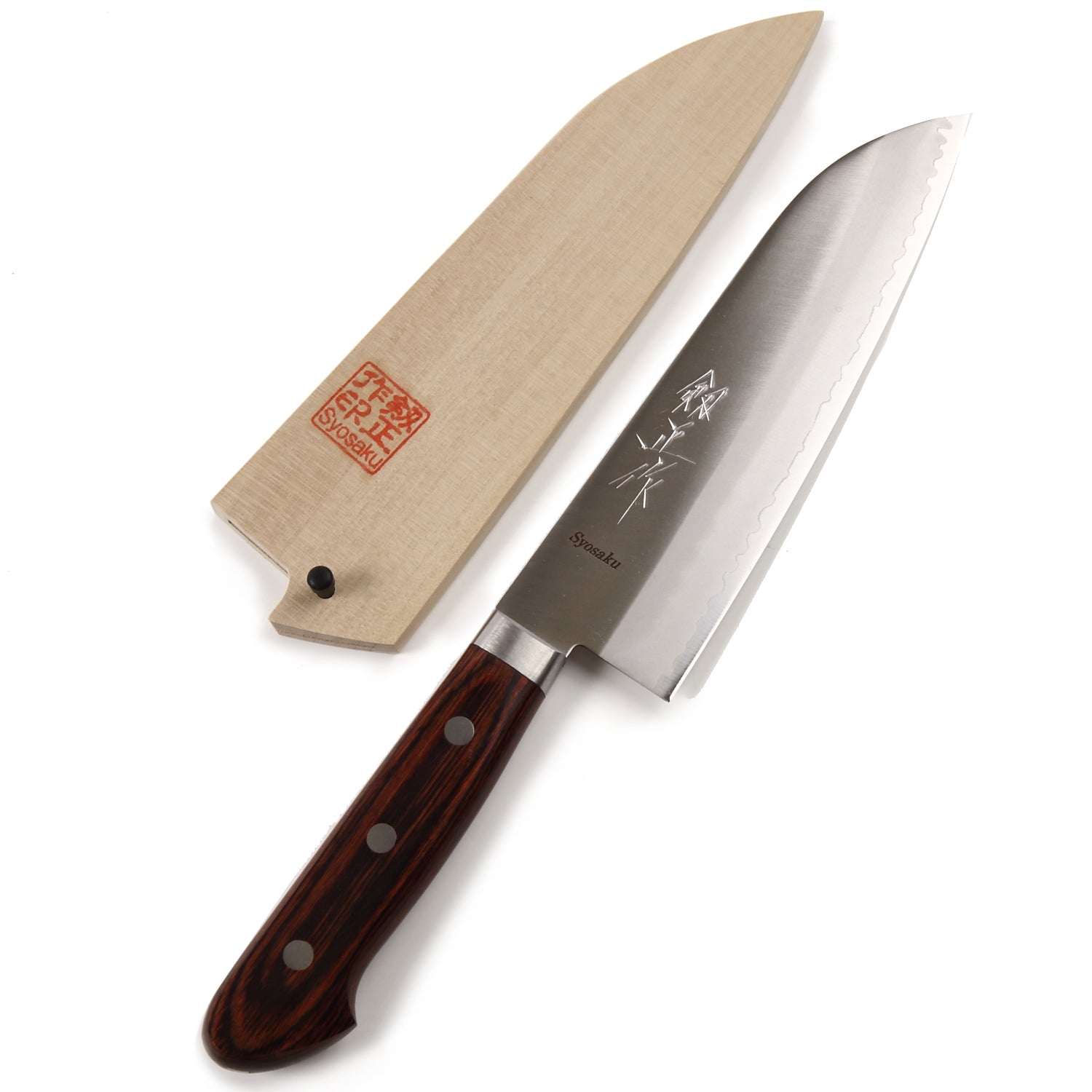 Syosaku Japanese Multi-Purpose Chef Knife VG-1 Gold Stainless Steel Mahogany Handle, Santoku 6.5-inch (165mm) with Magnoila Wood Sheath Saya Cover - Syosaku-Japan