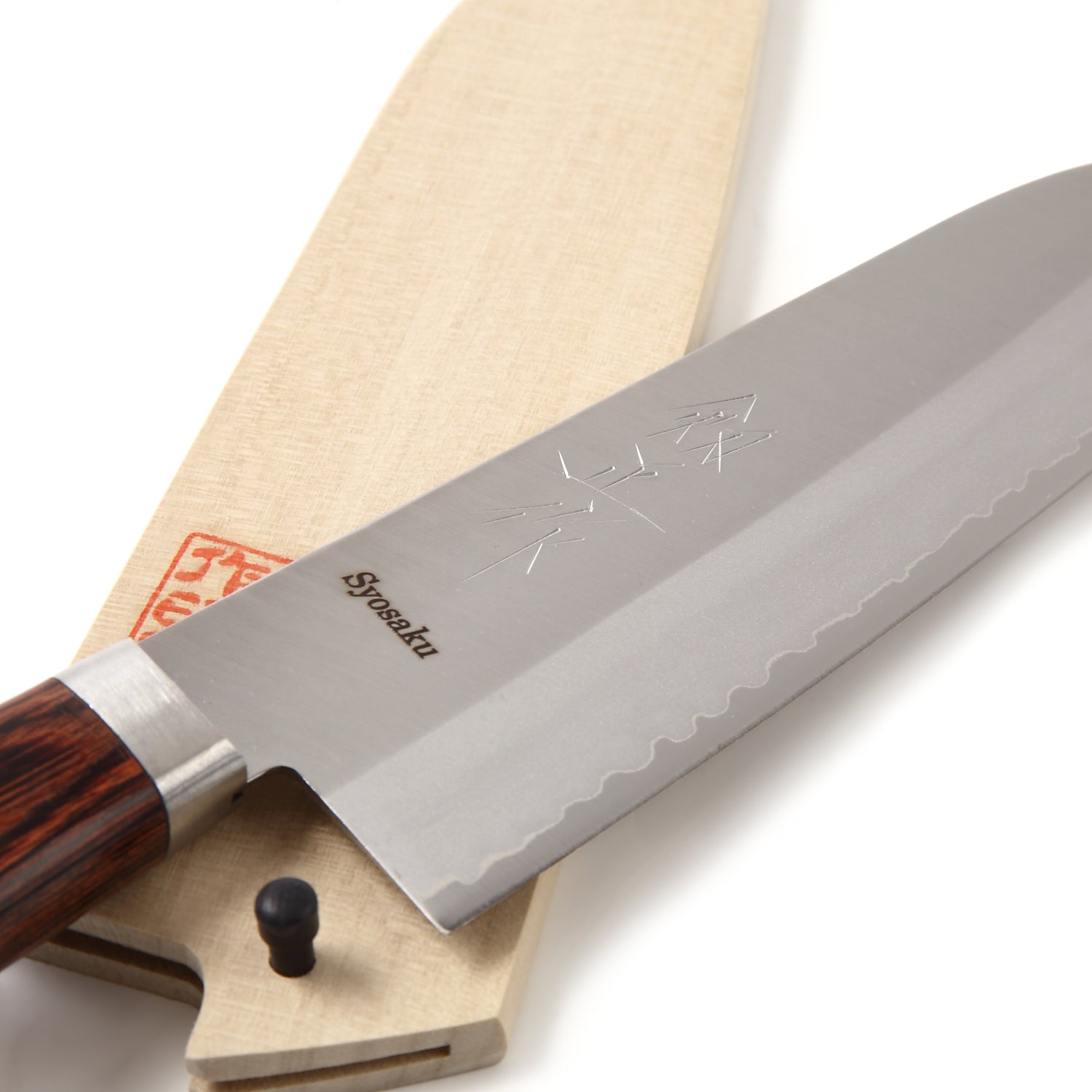 Syosaku Japanese Multi-Purpose Chef Knife VG-1 Gold Stainless Steel Mahogany Handle, Santoku 6.5-inch (165mm) with Magnoila Wood Sheath Saya Cover - Syosaku-Japan