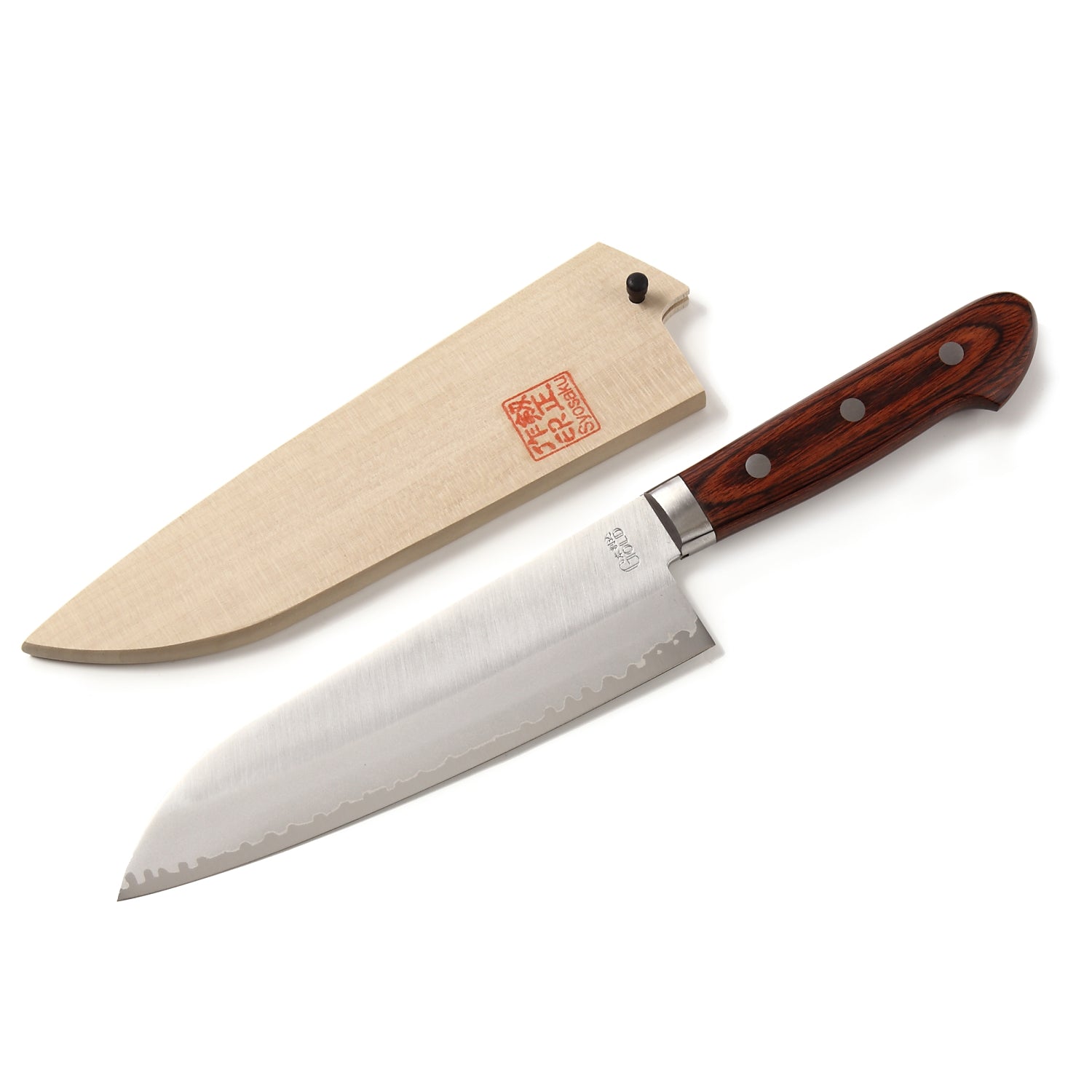 Syosaku Japanese Multi-Purpose Chef Knife VG-1 Gold Stainless Steel Mahogany Handle, Santoku 6.5-inch (165mm) with Magnoila Wood Sheath Saya Cover - Syosaku-Japan