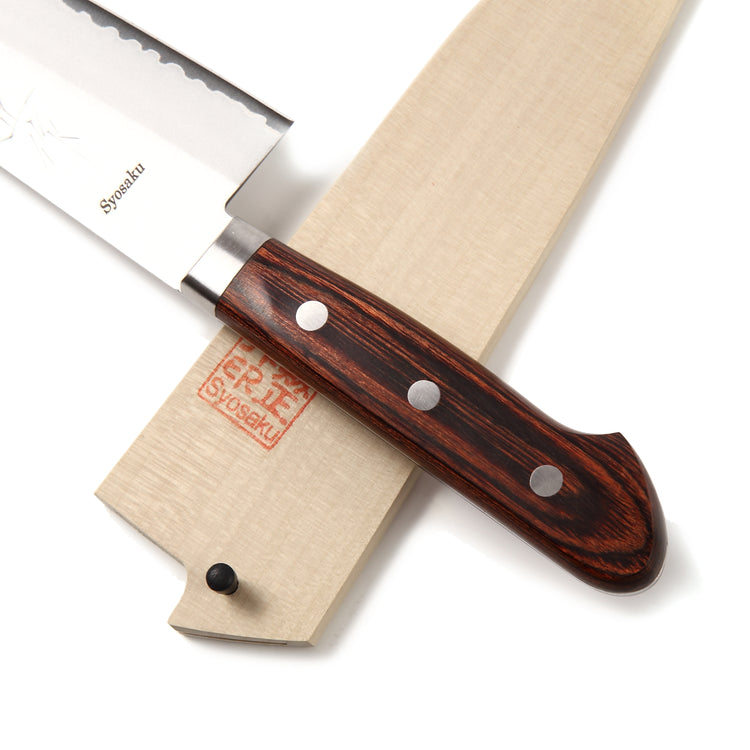 Syosaku Japanese Multi-Purpose Chef Knife VG-1 Gold Stainless Steel Mahogany Handle, Santoku 6.5-inch (165mm) with Magnoila Wood Sheath Saya Cover - Syosaku-Japan