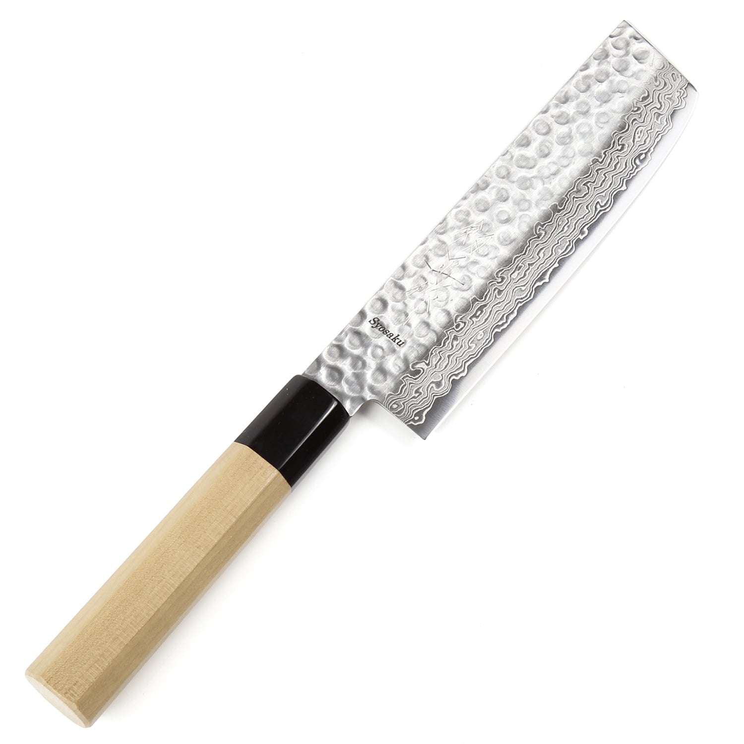 Syosaku Japanese Vegetable Knife Hammered Damascus VG-10 46 Layer Octagonal Magnolia Wood Handle, Nakiri 6.3-inch (160mm) - Syosaku-Japan