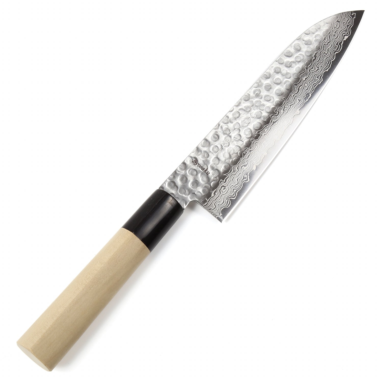Syosaku Japanese Multi-Purpose Chef Knife Hammered Damascus VG-10 46 Layer D-Shape Magnolia Wood Handle, Santoku 7-inch (180mm) - Syosaku-Japan