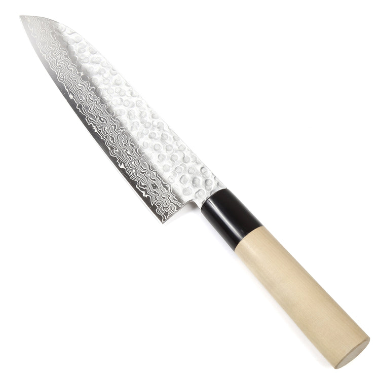 Syosaku Japanese Multi-Purpose Chef Knife Hammered Damascus VG-10 46 Layer D-Shape Magnolia Wood Handle, Santoku 7-inch (180mm) - Syosaku-Japan