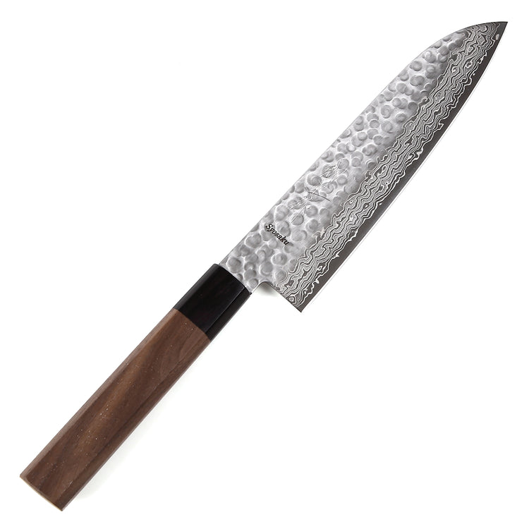 Syosaku Japanese Multi-Purpose Chef Knife Hammered Damascus VG-10 46 Layer Octagonal Walnut Handle, Santoku 7-inch (180mm) - Syosaku-Japan