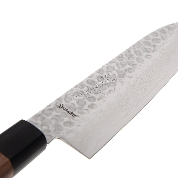 Syosaku Japanese Multi-Purpose Chef Knife Hammered Damascus VG-10 46 Layer Octagonal Walnut Handle, Santoku 7-inch (180mm) - Syosaku-Japan