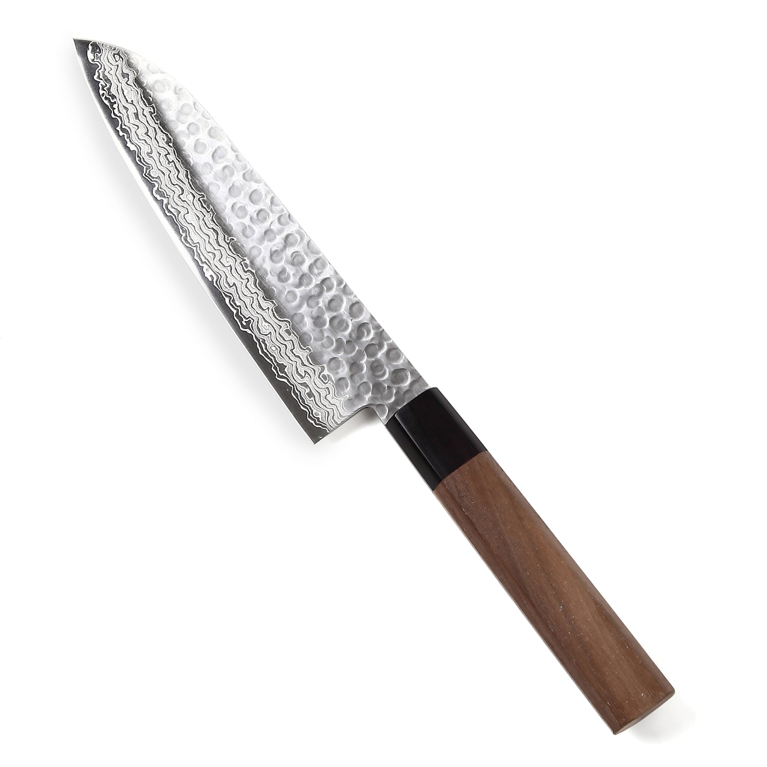 Syosaku Japanese Multi-Purpose Chef Knife Hammered Damascus VG-10 46 Layer Octagonal Walnut Handle, Santoku 7-inch (180mm) - Syosaku-Japan