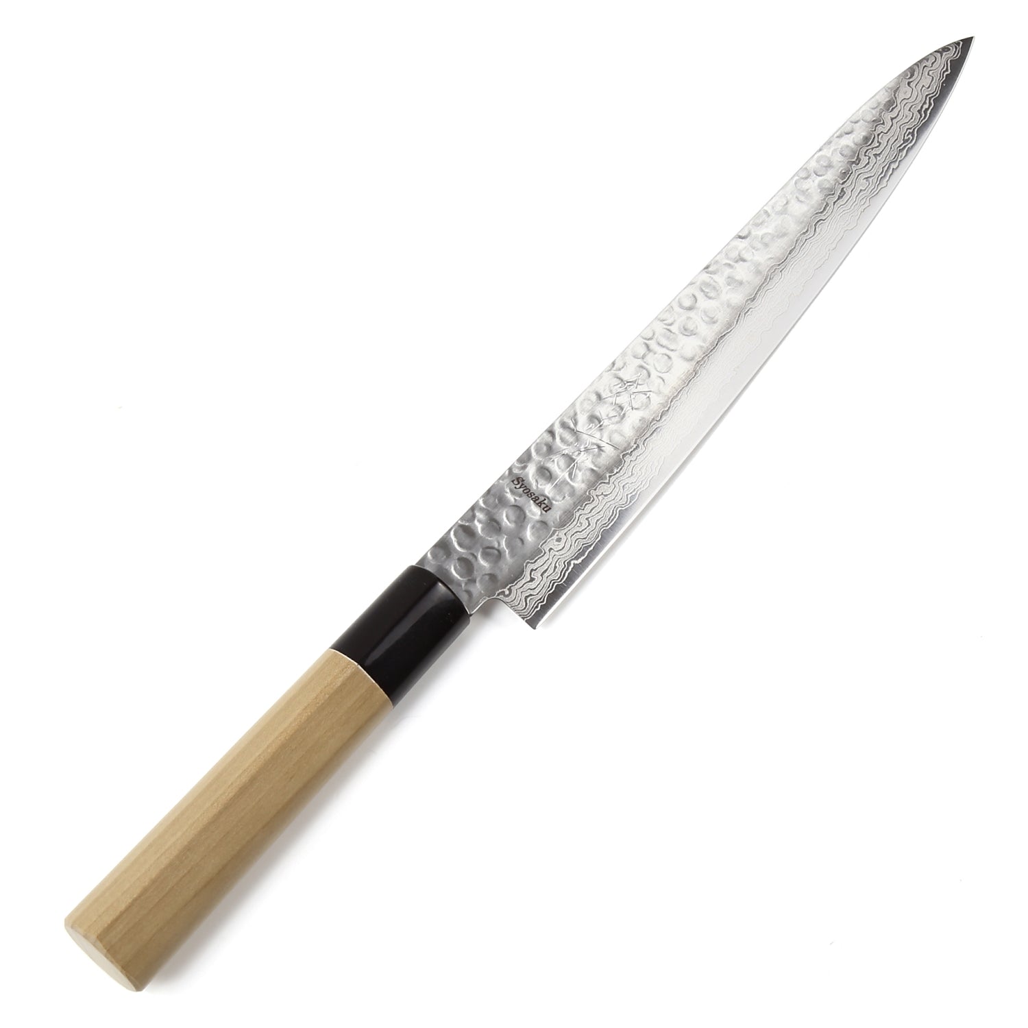 Syosaku Japanese Sujihiki Knife Hammered Damascus VG-10 46 Layer D-Shape Magnolia Wood Handle, Slicer 9.5-inch (240mm) - Syosaku-Japan