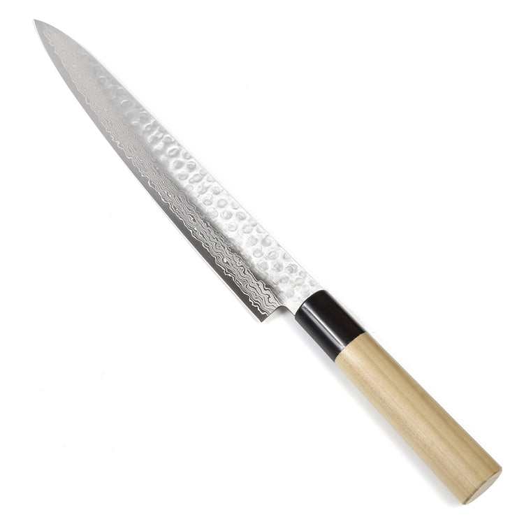 Syosaku Japanese Sujihiki Knife Hammered Damascus VG-10 46 Layer D-Shape Magnolia Wood Handle, Slicer 9.5-inch (240mm) - Syosaku-Japan