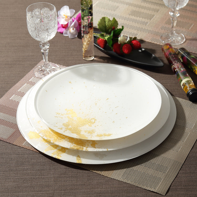 Syosaku Japanese Urushi Glass Flat Dinner Plate 11-inch (28cm) Pure White with Gold Leaf, Dishwasher Safe - Syosaku-Japan