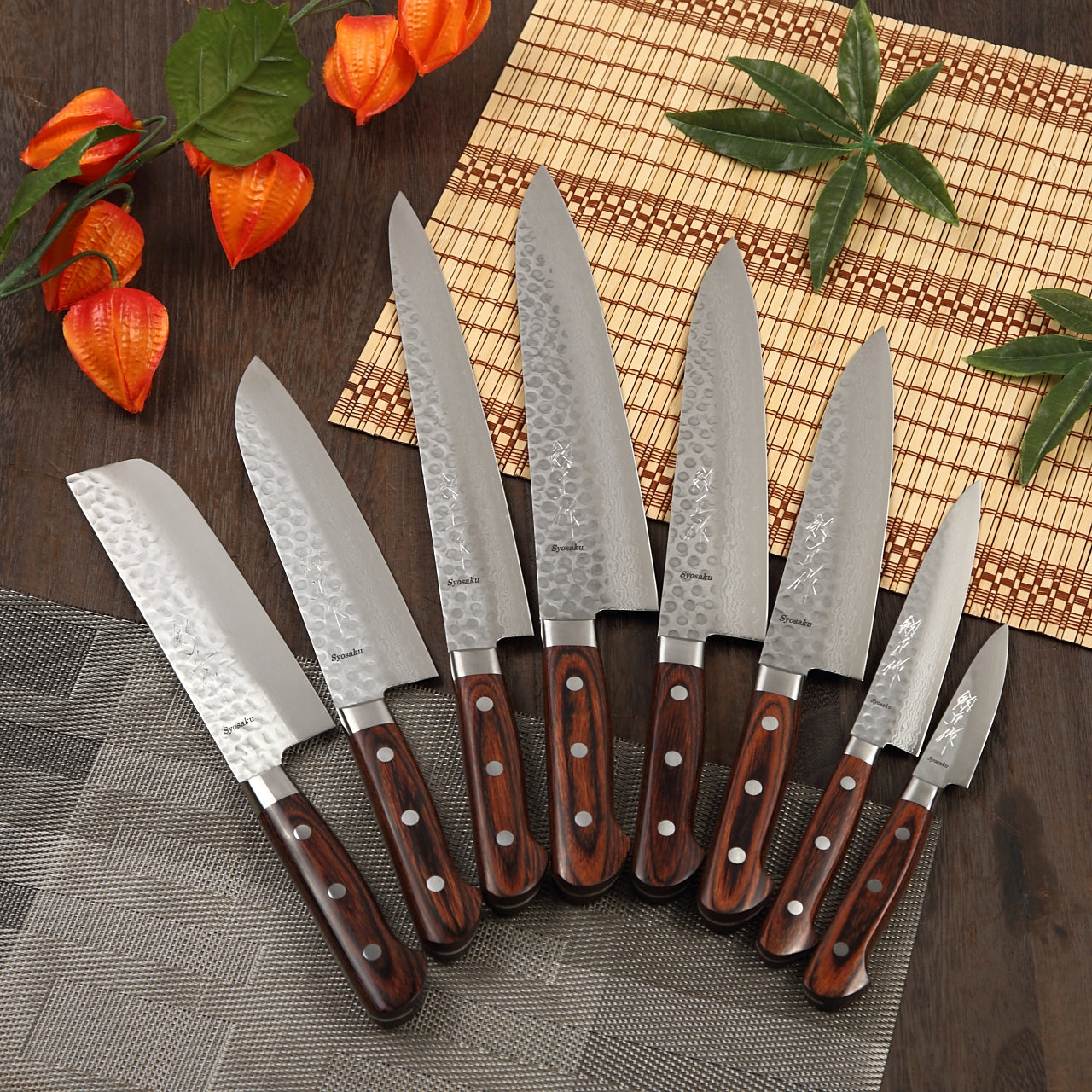 Syosaku Japanese Multi-Purpose Knife Hammered Damascus VG-10 16 Layer Mahogany Handle, Santoku 7-inch (180mm) with Magnolia Wood Sheath Saya Cover - Syosaku-Japan