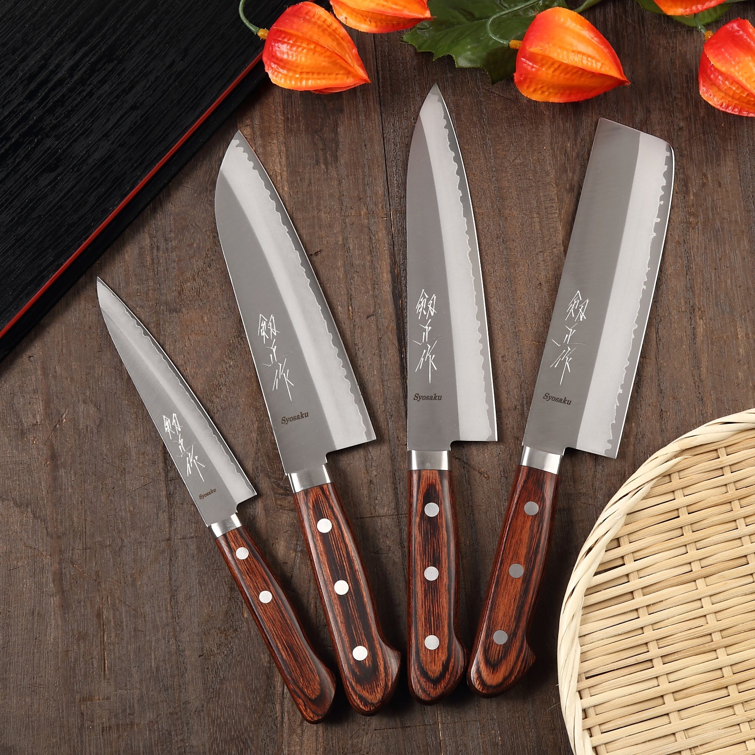 Syosaku Japanese Petty Knife VG-1 Gold Stainless Steel Mahogany Handle, 5.3-inch (135mm) with Magnolia Wood Sheath Saya Cover - Syosaku-Japan
