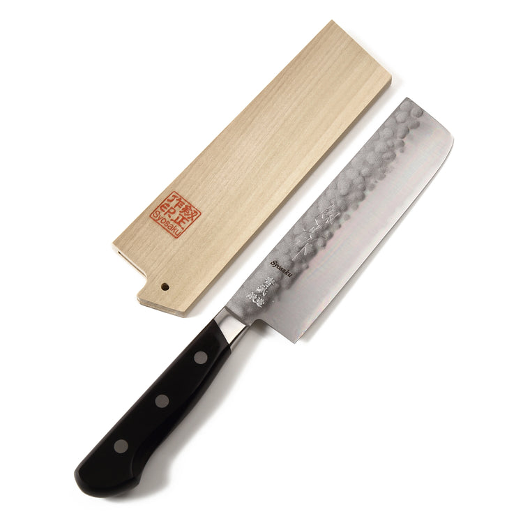 Syosaku Japanese Vegetable Knife Aoko (Blue Steel) - No.2 Black Pakkawood Handle, Nakiri 6.5-inch (160mm) with Magnolia Wood Sheath Saya Cover - Syosaku-Japan