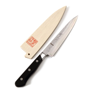 Syosaku Japanese Petty Knife Aoko (Blue Steel) No.2 Black Pakkawood Handle, 5.3-inch (135mm) with Magnolia Wood Sheath Saya Cover - Syosaku-Japan