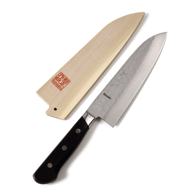 Syosaku Japanese Multi-Purpose Chef Knife Aoko (Blue Steel) No.2 Black Pakkawood Handle, Santoku 7-inch (180mm) with Magnolia Wood Sheath Saya Cover - Syosaku-Japan