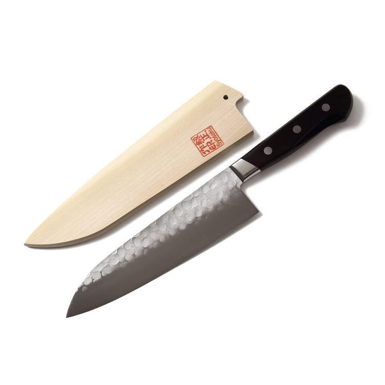Syosaku Japanese Multi-Purpose Chef Knife Aoko (Blue Steel) No.2 Black Pakkawood Handle, Santoku 7-inch (180mm) with Magnolia Wood Sheath Saya Cover - Syosaku-Japan