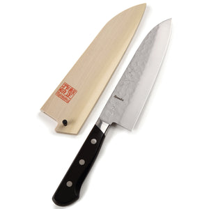 Syosaku Japanese Multi-Purpose Chef Knife Aoko (Blue Steel) No.2 Black Pakkawood Handle, Santoku 7-inch (180mm) with Magnolia Wood Sheath Saya Cover - Syosaku-Japan